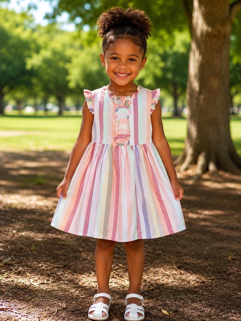 Girls' Pastel Striped Ruffle-Sleeve Dress